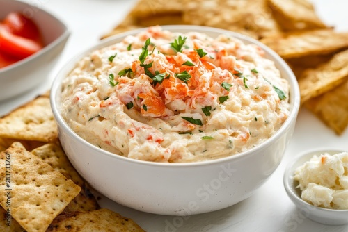 Creamy crab dip with fresh parsley and a side of crackers, perfect for a party or game day snack.