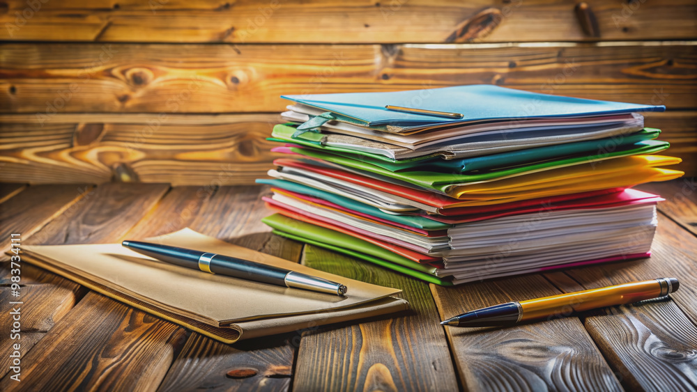 Obraz premium Neatly arranged documents and colorful folders stacked on a rustic wooden desk, with pens and a paperweight nearby, conveying a sense of productivity.