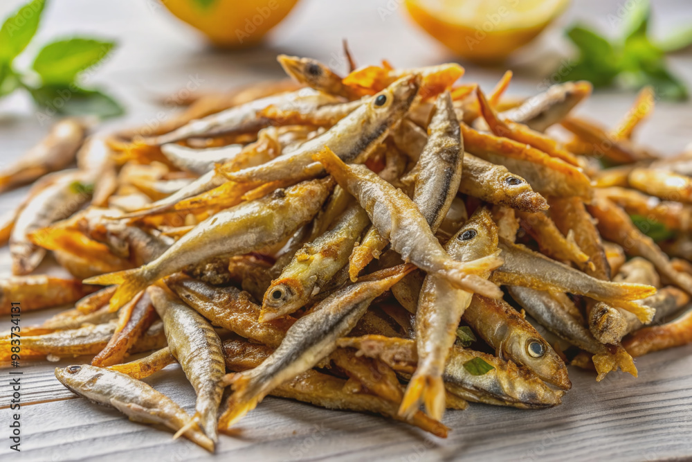 Crispy golden fried anchovies scattered randomly on a clean white surface, showcasing their delicate texture and savory appeal in a mouthwatering still life composition. Crispy golden fried anchovies scattered randomly on a clean white surface, showcasing their delicate texture and savory appeal in a mouthwatering still life composition.