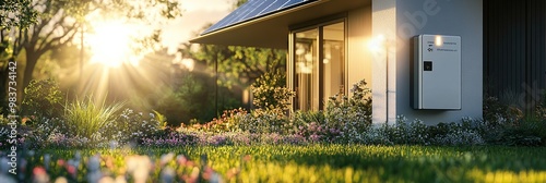 white electricity represents in the front yard, a modern home with solar panels and LED