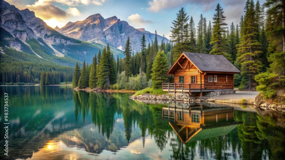 Fototapeta premium Cozy cabin nestled in the mountains overlooking a serene lake, mountain house, cabin, cozy, serene, lake view, retreat, peaceful