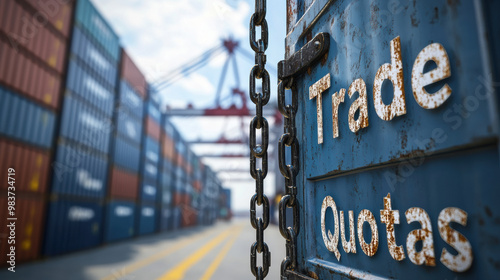 image features shipping containers secured with chains, emphasizing trade quotas in bustling port environment. scene conveys sense of security and regulation in international trade