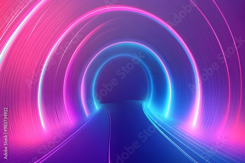 Abstract neon light background with glowing round arches and lines, blue, pink, and purple gradient.