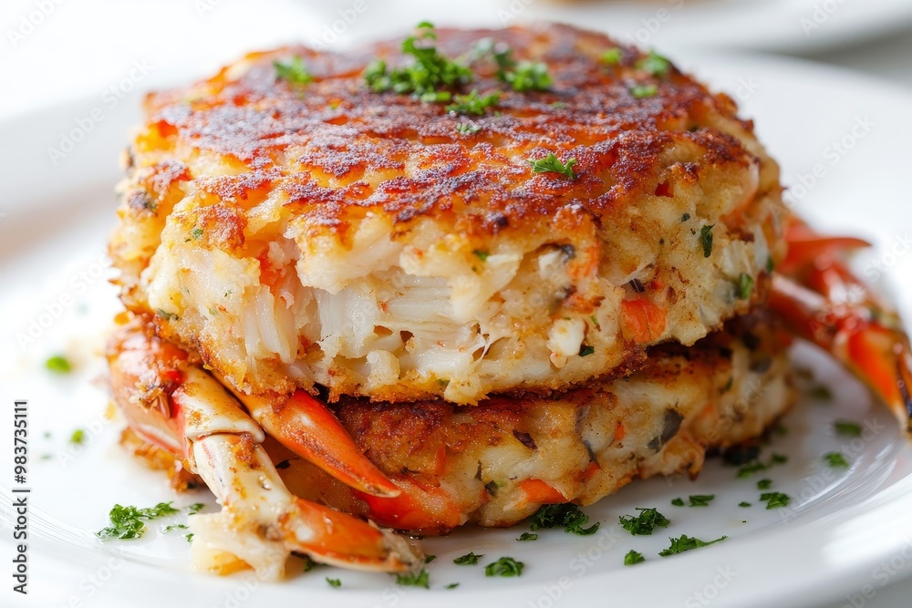 Delicious Crab Cakes with Parsley Garnish, a perfect seafood dish for a special occasion. Delicious Crab Cakes with Parsley Garnish, a perfect seafood dish for a special occasion.