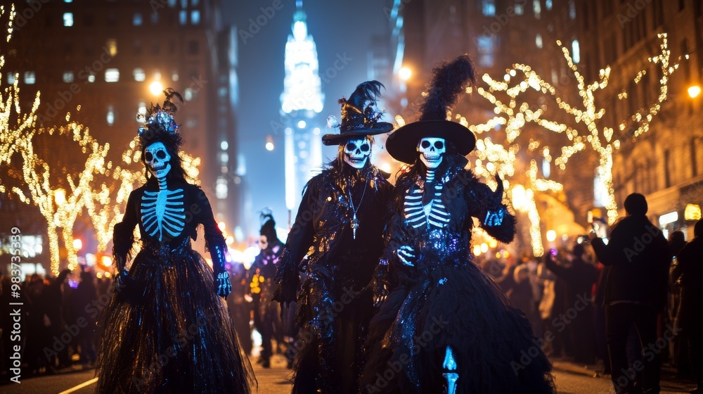 Obraz premium Skeleton Costumes Halloween Parade Night City