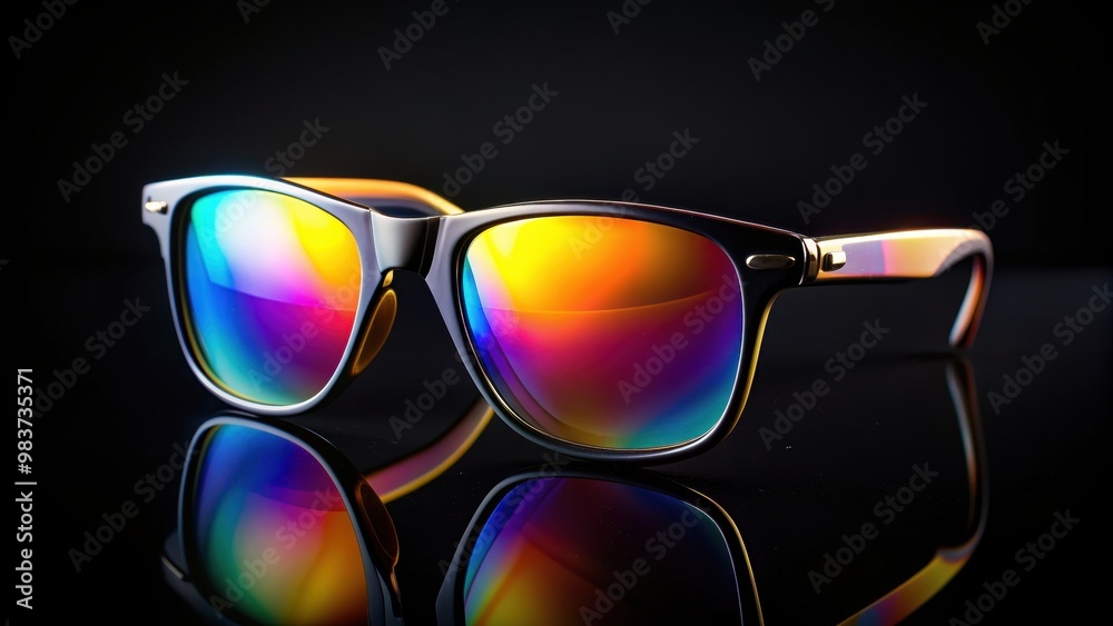 Sunglasses reflecting light on a black background, sun protection, eyewear, fashion accessory, summer, reflection Sunglasses reflecting light on a black background, sun protection, eyewear, fashion accessory, summer, reflection