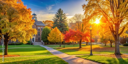 Fototapeta Naklejka Na Ścianę i Meble -  Serene autumn morning on a college campus with golden light shining on colorful trees , peaceful, tranquil, campus, road, fall