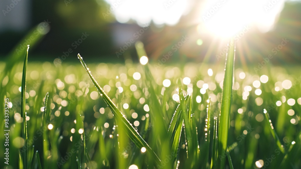 Fototapeta premium Dew drops on green grass blades with sunlight shining through.