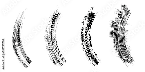 Black tire marks pattern isolated on white background with clipping path, burnt and burst tire texture for graphic design. modern, vector.