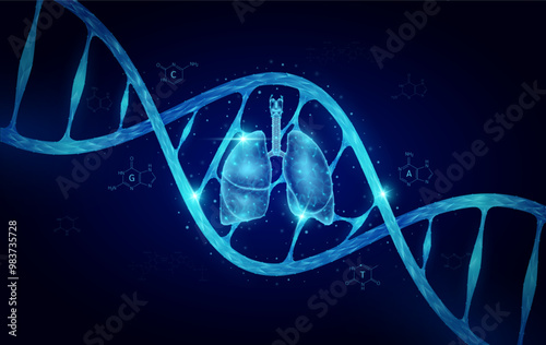 Lung DNA gene cell double helix blue. Genetic synthetic biology combined. Anatomy organ glowing polygonal. Code analysis thymine, adenine, guanine, cytosine. Medical science background vector.