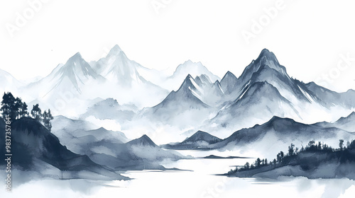 Wallpaper Mural Serene mountain landscape in traditional ink wash style. Ink Wash. Illustration Torontodigital.ca