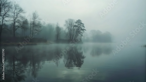 Foggy Morning on a Tranquil Lake with Silhouetted Trees