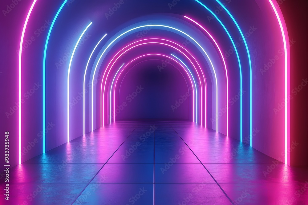 Abstract neon light background with glowing arches and lines, blue, pink, and purple gradient.