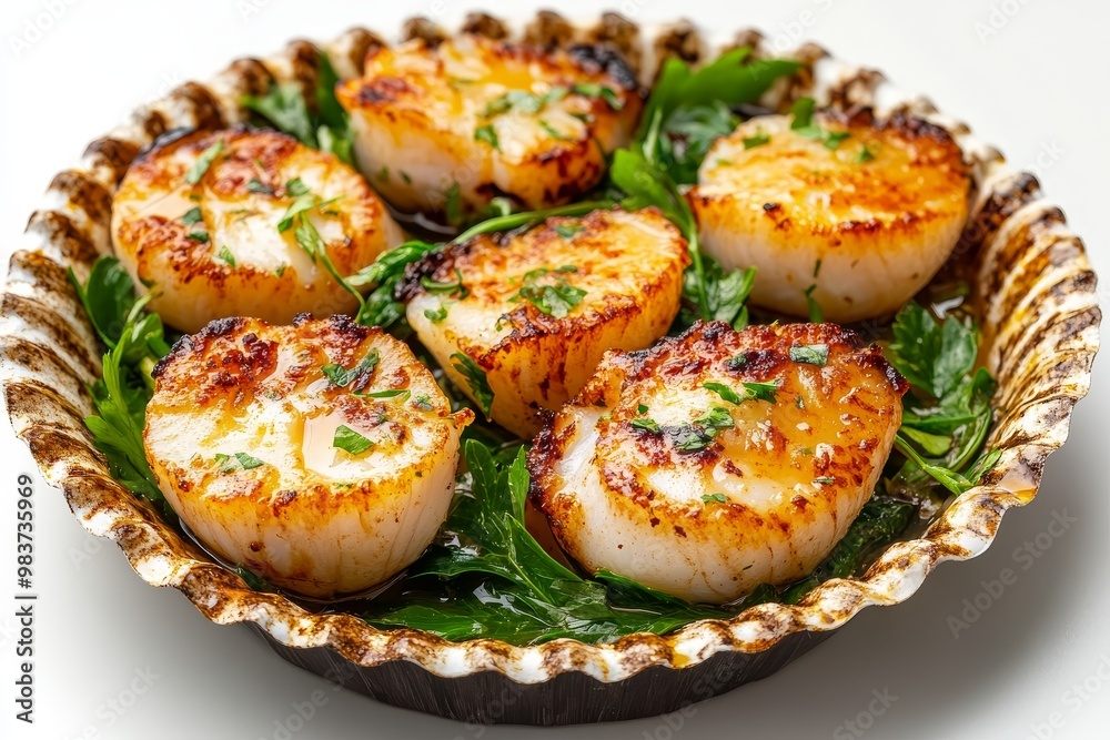 Delicious pan-seared scallops with fresh herbs, a perfect appetizer or main course. The scallops are seared to a golden brown, and the herbs add a fresh and flavorful touch. Delicious pan-seared scallops with fresh herbs, a perfect appetizer or main course. The scallops are seared to a golden brown, and the herbs add a fresh and flavorful touch.