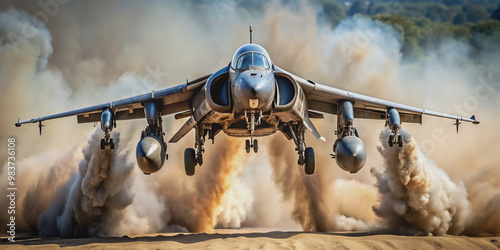A sleek harrier jet bursts into flight, its rotors whirring as it lifts vertically, surrounded by a halo of turbine-driven dust and debris.