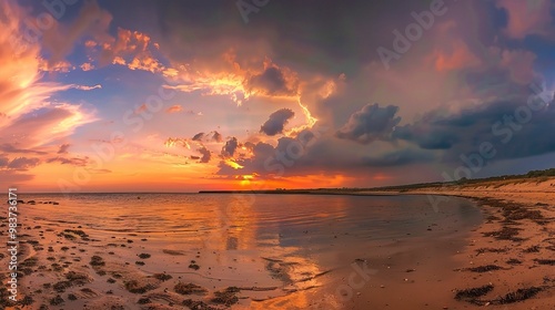 A beautiful beach under the natural sunset sky. The sand on the beach is golden, stretching out towards the ocean photo