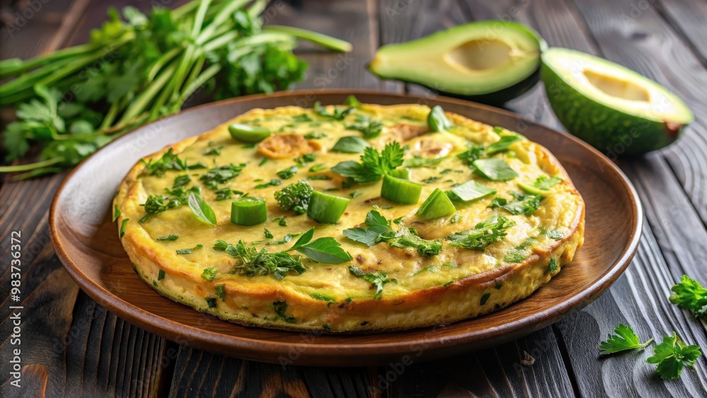 Delicious baked omelet with avocado and herbs on a round plate, healthy, breakfast, fresh, vegetables, avocado, dish, colorful Delicious baked omelet with avocado and herbs on a round plate, healthy, breakfast, fresh, vegetables, avocado, dish, colorful