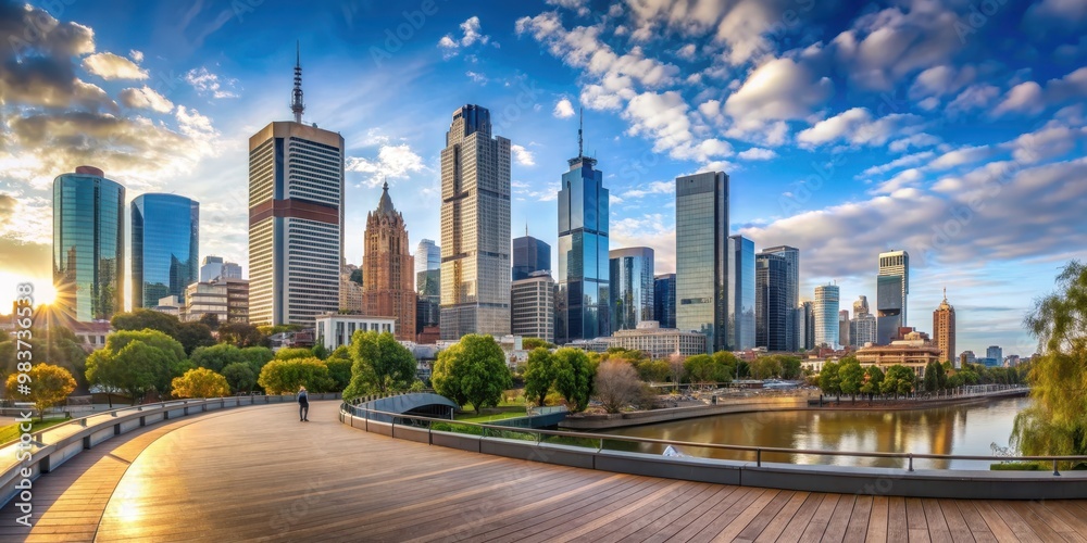 Fototapeta premium Panorama view of stunning Melbourne cityscape skyline, Melbourne, city, skyline, buildings, architecture, skyscrapers