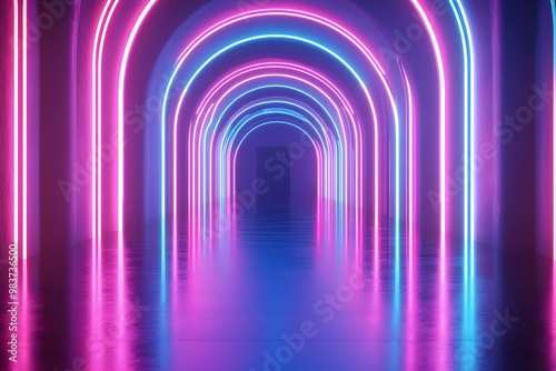 Abstract neon light background with glowing arches and lines, blue, pink, and purple gradient.