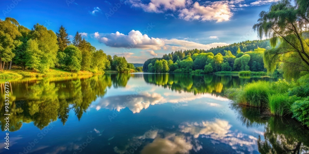 Obraz premium Scenic landscape featuring a tranquil lake reflecting the surrounding greenery, nature, water, reflection, outdoors, serene, peaceful