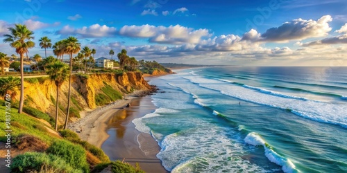 Beautiful ocean shore of Encinitas California , Sunset, waves, beach, coastline, cliffs, surfing, palm trees, sand