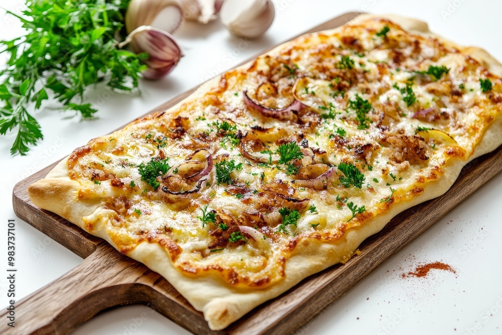 Flammkuchen, a traditional German dish, features a thin crust topped with a creamy sauce, crispy bacon, caramelized onions, and fresh herbs. The pizza-like flatbread is presented on a rustic wooden bo