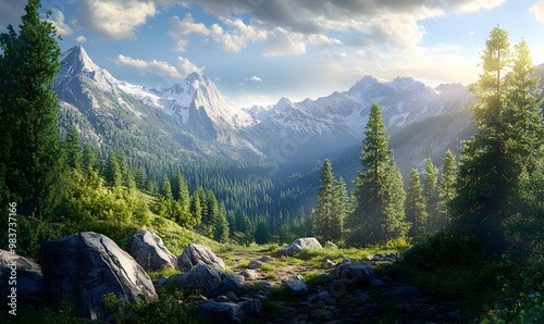 Beautiful mountain view with forests and rocks photo