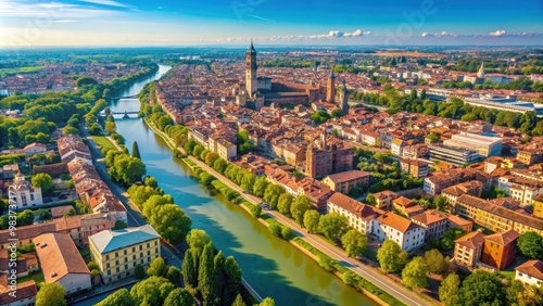 Aerial shot of Cremona and the river Po , Cremona, Italy, aerial view, river Po, cityscape, architecture