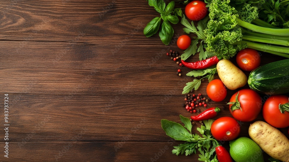 Fresh Vegetables and Ingredients on a Wooden Background, perfect for a healthy meal or cooking. A top view showcasing vibrant colors and natural textures. Fresh Vegetables and Ingredients on a Wooden Background, perfect for a healthy meal or cooking. A top view showcasing vibrant colors and natural textures.