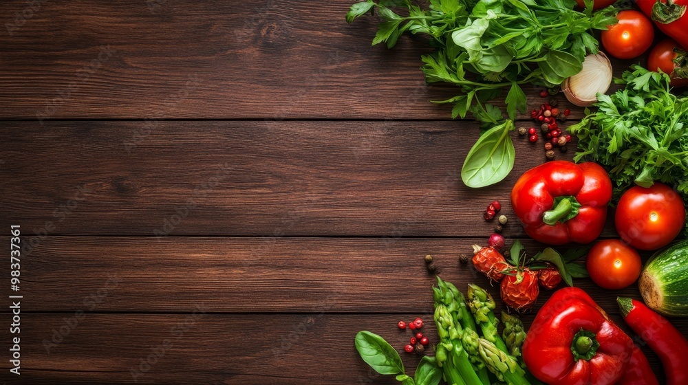 Fresh Vegetables and Ingredients on a Wooden Background, perfect for a healthy meal or cooking background. This image features red peppers, cherry tomatoes, asparagus, herbs, and spices. Fresh Vegetables and Ingredients on a Wooden Background, perfect for a healthy meal or cooking background. This image features red peppers, cherry tomatoes, asparagus, herbs, and spices.