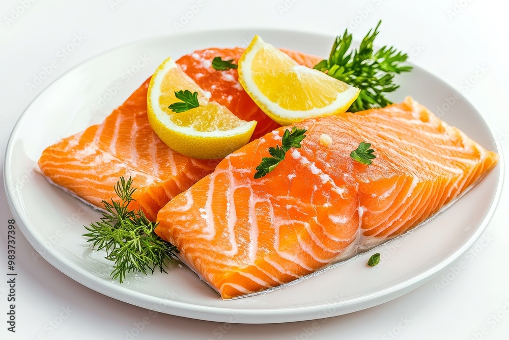 Freshly poached salmon fillet, beautifully plated with slices of lemon and dill sprigs, capturing the essence of healthy, flavorful seafood. Freshly poached salmon fillet, beautifully plated with slices of lemon and dill sprigs, capturing the essence of healthy, flavorful seafood.