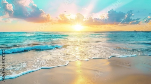 A beautiful beach under the natural sunset sky. The sand on the beach is golden, stretching out towards the ocean