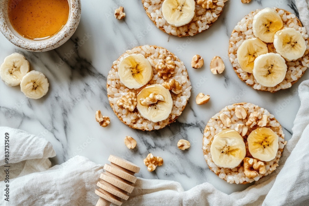 Rice Cakes Topped with Banana, Walnuts, and Honey Rice Cakes Topped with Banana, Walnuts, and Honey