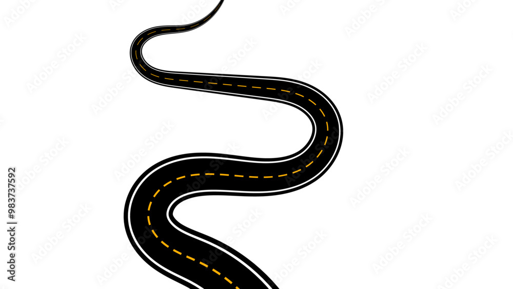 Obraz premium Winding road. Journey traffic curved highway. Road to horizon in perspective. Winding asphalt empty line isolated vector concept. Straight and winding road road. vector illustration