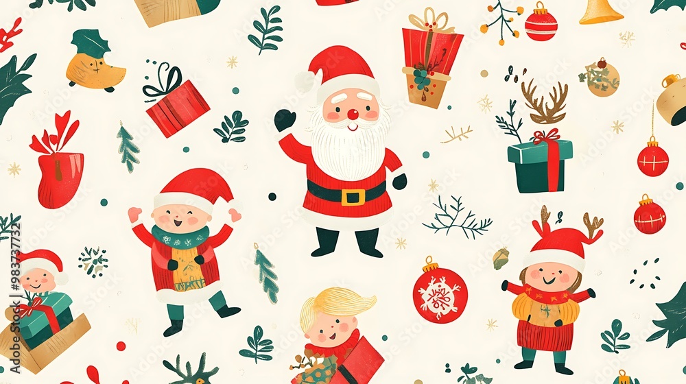 A vibrant, seamless pattern featuring Santa Claus, boys and girls with gifts, set against a festive background A vibrant, seamless pattern featuring Santa Claus, boys and girls with gifts, set against a festive background