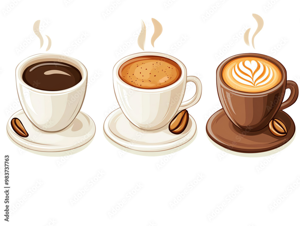 Obraz premium A trio of steaming coffee cups, showcasing rich colors and inviting aromas, perfect for coffee lovers and cafe enthusiasts, Transparent background.