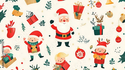 A vibrant, seamless pattern featuring Santa Claus, boys and girls with gifts, set against a festive background