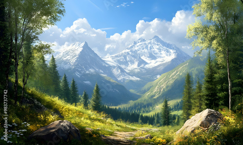 Beautiful mountain view with forests and rocks photo