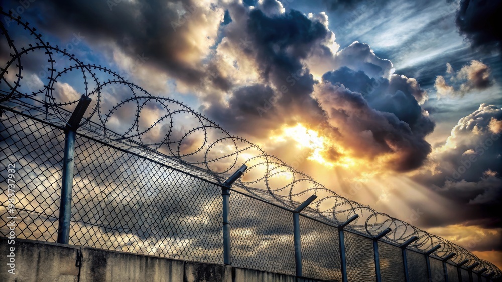 Dramatic clouds behind a barbed wire fence on a prison wall , prison, security, incarceration, danger, confinement Dramatic clouds behind a barbed wire fence on a prison wall , prison, security, incarceration, danger, confinement