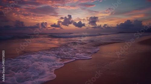 A beautiful beach under the natural sunset sky. The sand on the beach is golden, stretching out towards the ocean photo