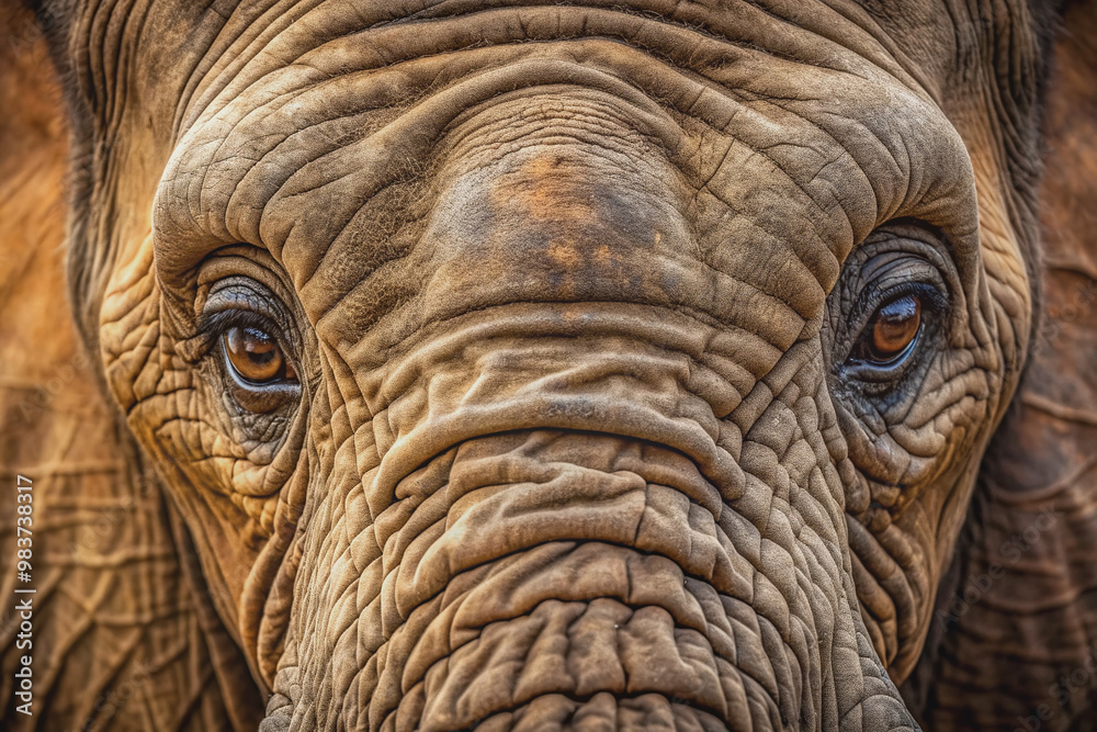 Intimate close-up of an elephant's soulful eye, surrounded by deep wrinkles and textures, conveying gentle nature and wisdom in a magnificent, up-close portrait. Intimate close-up of an elephant's soulful eye, surrounded by deep wrinkles and textures, conveying gentle nature and wisdom in a magnificent, up-close portrait.