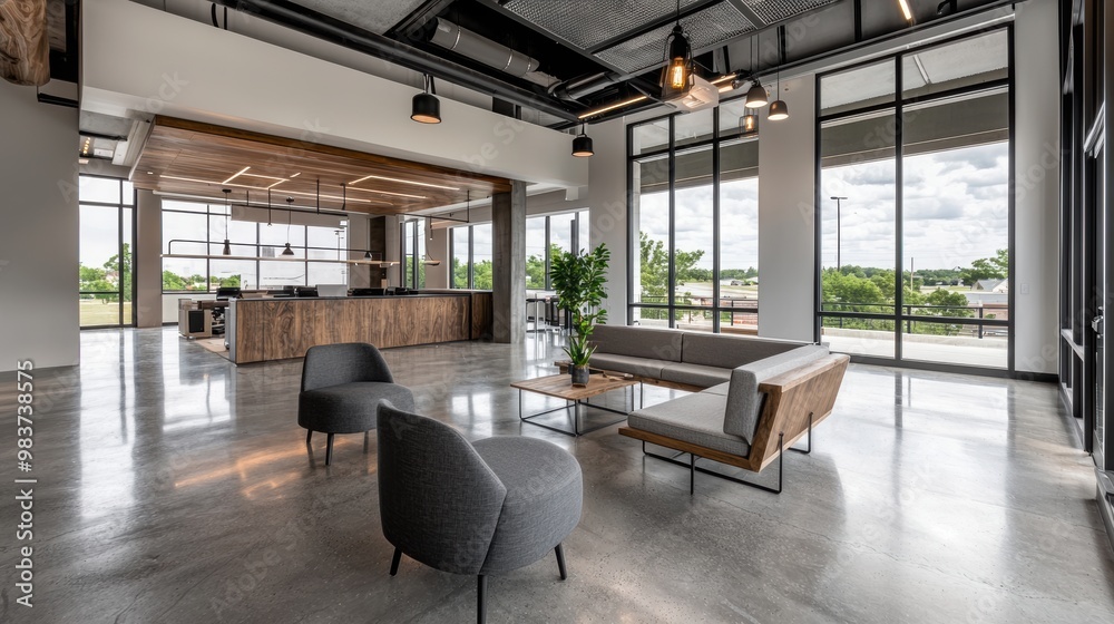 Modern office interior featuring stylish furniture, large windows, and an inviting atmosphere for collaboration and productivity.