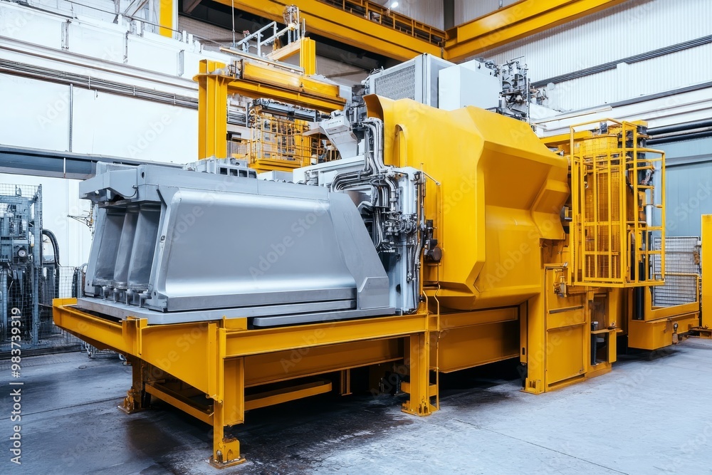 Industrial Die Casting Machine, a powerful piece of equipment for high-volume production of metal parts. It features a robust frame, intricate tooling, and a powerful hydraulic system, allowing for th Industrial Die Casting Machine, a powerful piece of equipment for high-volume production of metal parts. It features a robust frame, intricate tooling, and a powerful hydraulic system, allowing for th