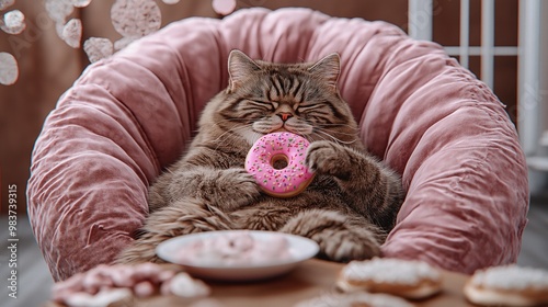 Big fat tabby cat eats favorite fast food sweet donut photo