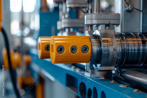 Industrial Extruder Machine Close Up showing the powerful machinery used in manufacturing processes, highlighting the intricate details and functionality of the equipment.