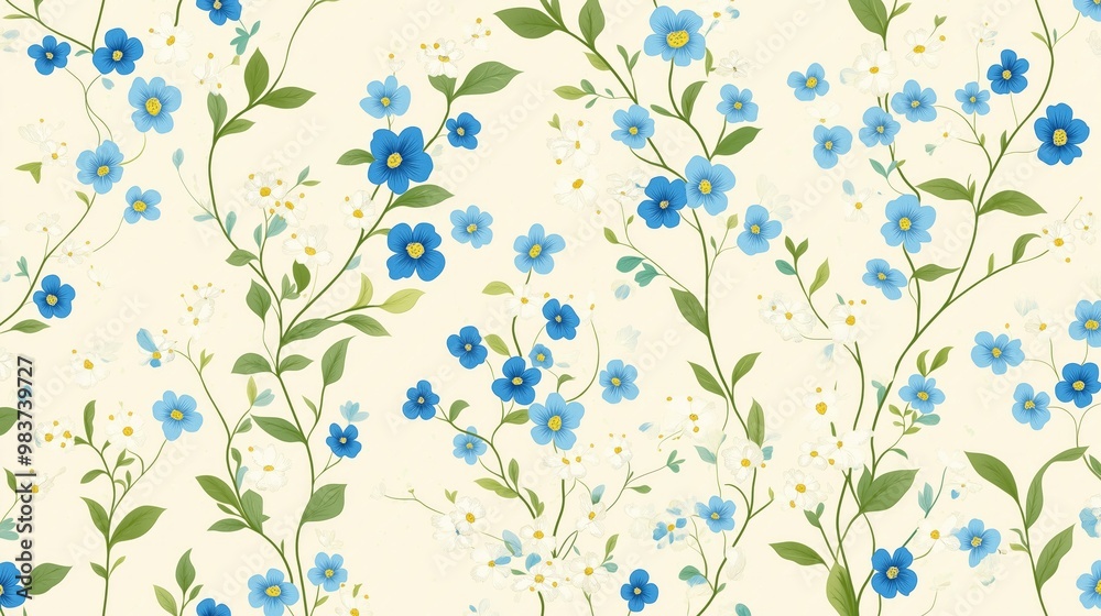 Pattern of blue flowers forget me not and green leaves on a light yellow background Pattern of blue flowers forget me not and green leaves on a light yellow background