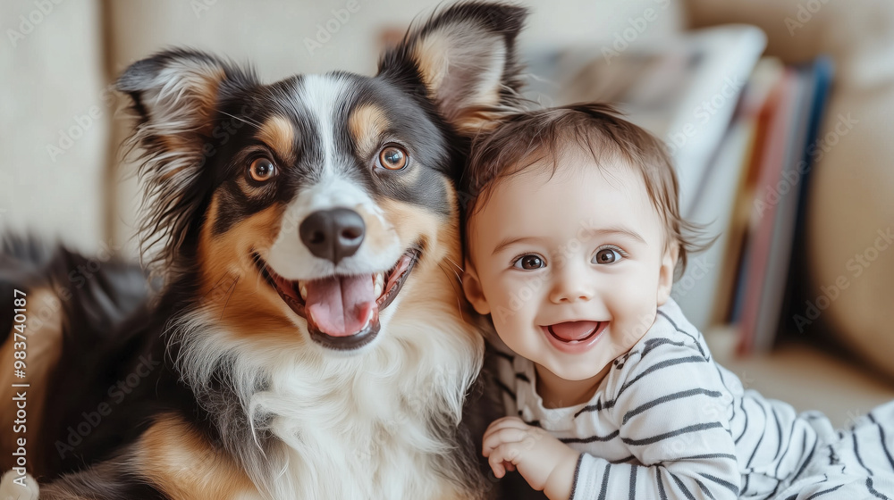 A joyful dog and baby share heartwarming moment together A joyful dog and baby share heartwarming moment together