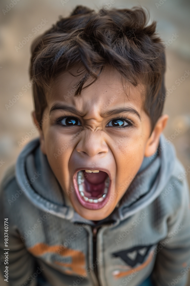 A young boy expressing joy and excitement with a wide open mouth A young boy expressing joy and excitement with a wide open mouth