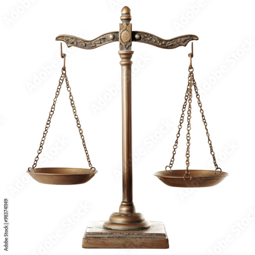 Vintage gold balance scale measure or law justice symbol Lawyers on white and transparent background. PNG cutout.
