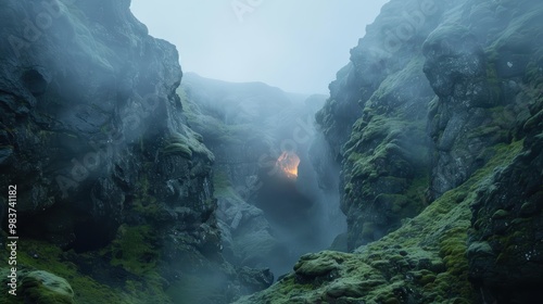 Mysterious Cave Entrance at Mountain Base, Shrouded in Mist and Moss with Enigmatic Glow from Within photo